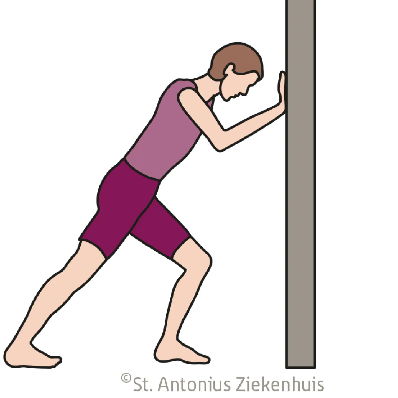 Steun met uw armen tegen een muur. Zet één been naar voren.